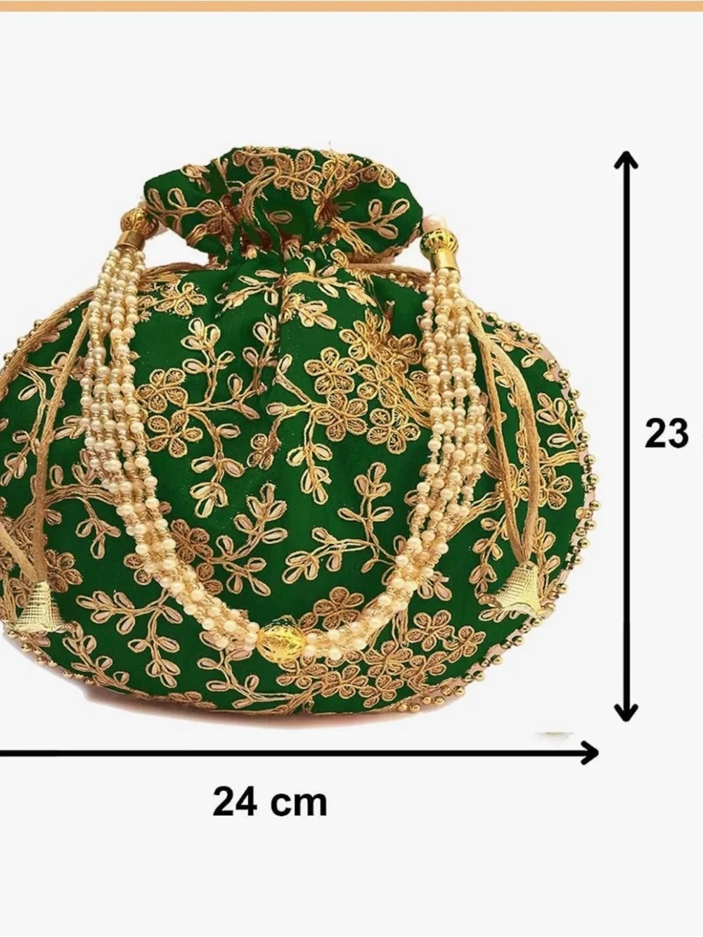 Embroidered Green Potli Bag with Gold Beaded Handle